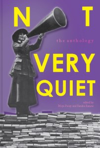 Black and white image of a woman in early 20th century clothing with a megaphone standing on a pile of books.